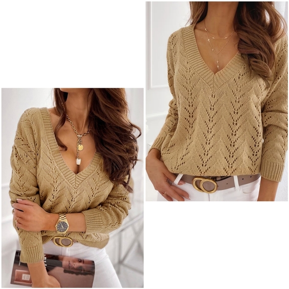 NWT Cupshe Brown Beige Pointelle V Knit Crochet Long Light Spring Sweater S - Picture 9 of 13
